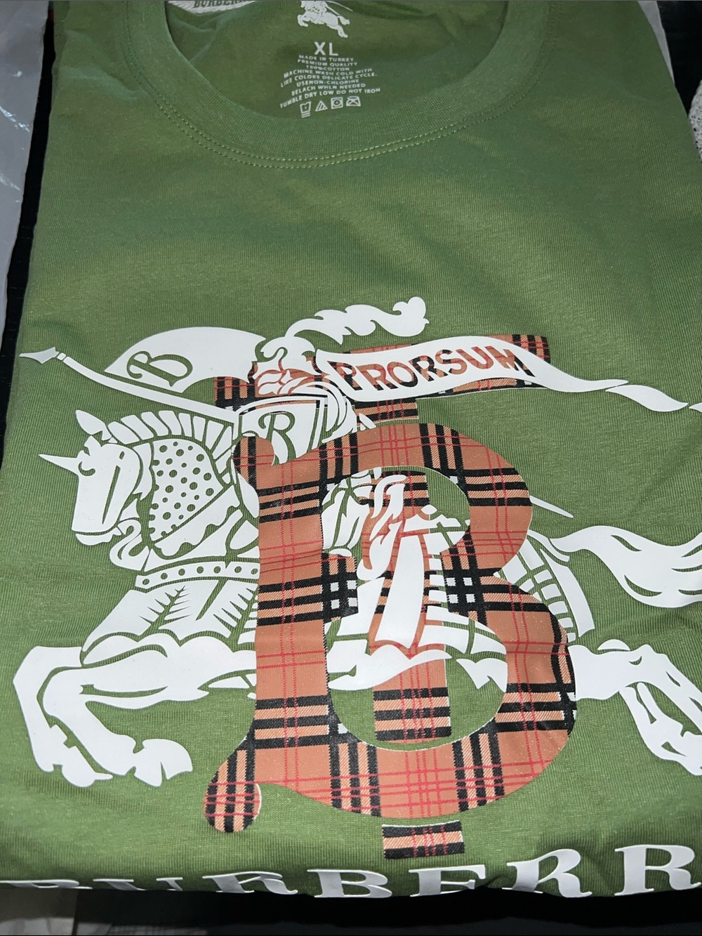 Olive Green Tee with White Knight and Plaid B